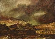 Rembrandt Harmensz Van Rijn Stadt auf einem Hugel bei sturmischem Wetter oil painting